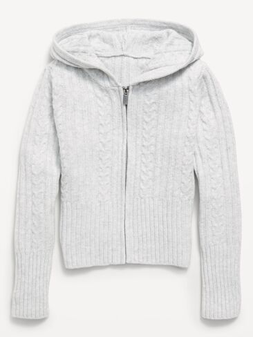 Old Navy Fitted Cable-Knit Full-Zip Hoodie for Girls - Light Heather Gray in Kuwait