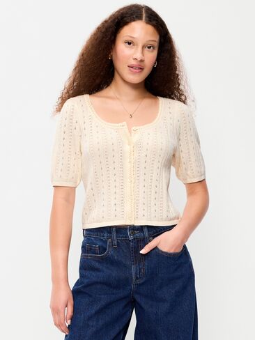 Old Navy Seaside Cotton Short-Sleeve Button-Down Sweater - Creme De La Creme in Kuwait