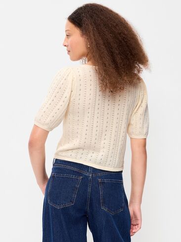 Old Navy Seaside Cotton Short-Sleeve Button-Down Sweater - Creme De La Creme in Kuwait