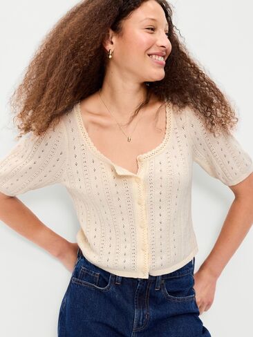 Old Navy Seaside Cotton Short-Sleeve Button-Down Sweater - Creme De La Creme in Kuwait
