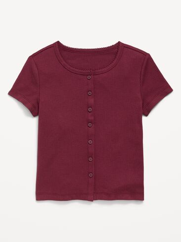 Old Navy Fitted Short-Sleeve Ribbed Button-Front Top for Girls - Red Lacquer in Kuwait