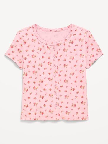 Old Navy Fitted Short-Sleeve Ribbed Button-Front Top for Girls - Pink Ditsy Floral in Kuwait