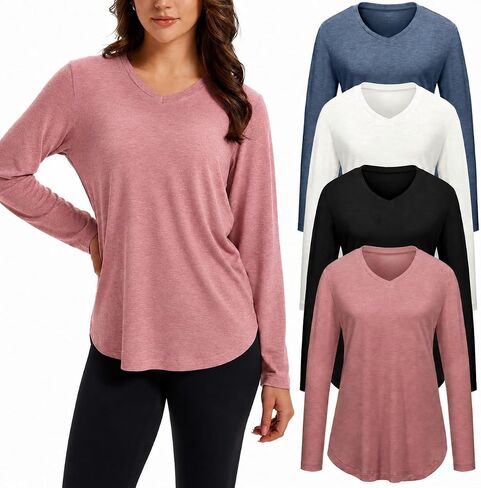 4 Pack Womens Long Sleeve V Neck Tops Basic T Shirts Casual Loose Fit Tunic Tops Flowy Curved Hem Outfits Clothes in Saudi Arabia