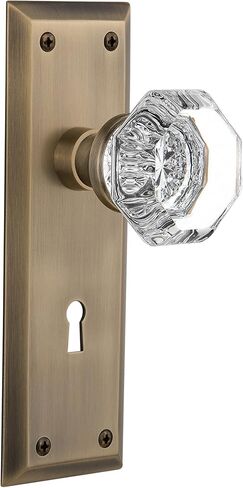 Nostalgic Warehouse New York Plate with Keyhole Waldorf Crystal Knob, Passage - 2.375", Antique Brass in Saudi Arabia