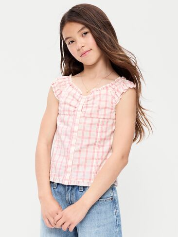 Old Navy Short-Sleeve Sweetheart-Neck Button-Front Top for Girls - White/Pink Plaid in Kuwait