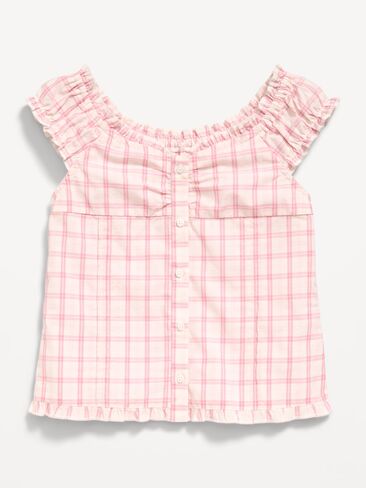 Old Navy Short-Sleeve Sweetheart-Neck Button-Front Top for Girls - White/Pink Plaid in Kuwait
