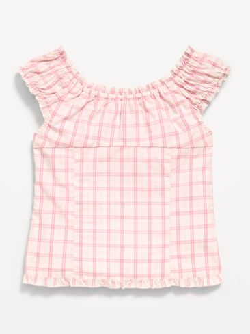 Old Navy Short-Sleeve Sweetheart-Neck Button-Front Top for Girls - White/Pink Plaid in Kuwait