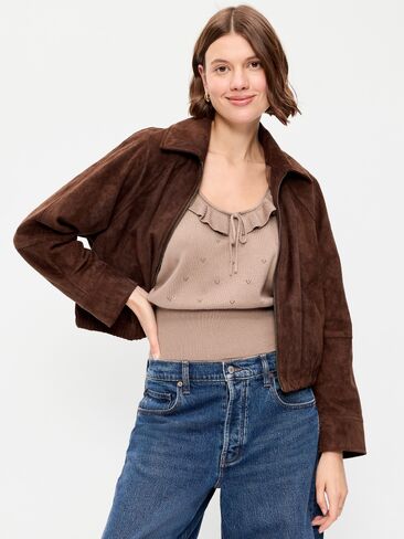 Old Navy Full-Zip Faux-Suede Harrington Jacket - Dark Brown in Kuwait