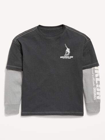 Old Navy Oversized Long-Sleeve 2-In-1 Graphic T-Shirt for Boys - Panther in Kuwait