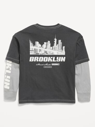 Old Navy Oversized Long-Sleeve 2-In-1 Graphic T-Shirt for Boys - Panther in Kuwait