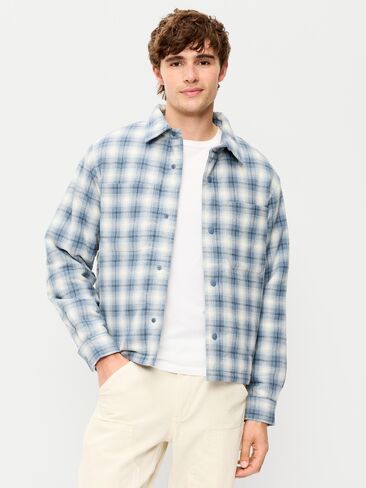 Old Navy Cropped Insulated Flannel Shacket - Blue Plaid in Kuwait