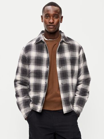 Old Navy Cropped Insulated Flannel Shacket - Black Plaid in Kuwait