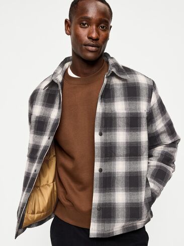 Old Navy Cropped Insulated Flannel Shacket - Black Plaid in Kuwait