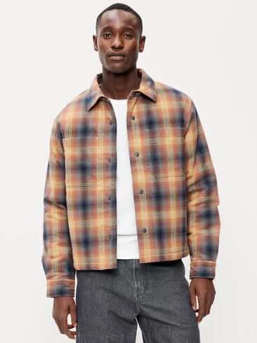 Old Navy Cropped Insulated Flannel Shacket - Brown Plaid in Kuwait