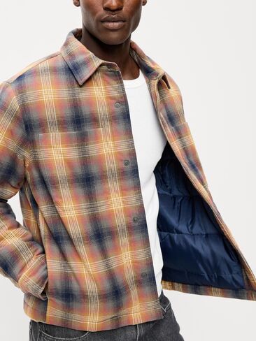 Old Navy Cropped Insulated Flannel Shacket - Brown Plaid in Kuwait