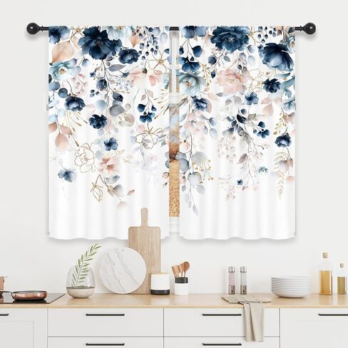 Riyidecor Navy Blue Floral Curtains Pink Spring Wildflower Flower Leaf Herbs Plants Natural Botanical Rod Pocket for Women Female Girls Bedroom Living Room Treatment Fabric 2 Panels 52Wx84H Inch in Saudi Arabia