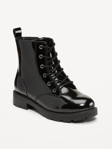 Old Navy Faux-Leather Lace-Up Combat Boots for Girls - Black Jack in Kuwait