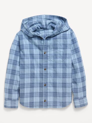 Old Navy Long-Sleeve Plaid Flannel Hooded Shirt for Boys - Washed Blue in Kuwait