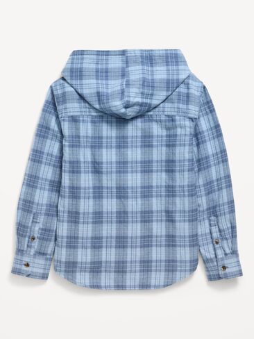 Old Navy Long-Sleeve Plaid Flannel Hooded Shirt for Boys - Washed Blue in Kuwait