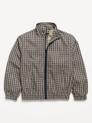 Old Navy Water-Resistant Plaid Full-Zip Windbreaker for Boys - Gray Plaid in Kuwait