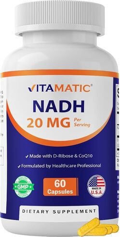 Vitamatic NADH 20 ملغ مع D-Ribose وCoQ10 - 60 كبسولة، B-Nicotinamide Adenine Dinucleotide، غير معدل وراثيًا، خالي من الغلوتين in Kuwait