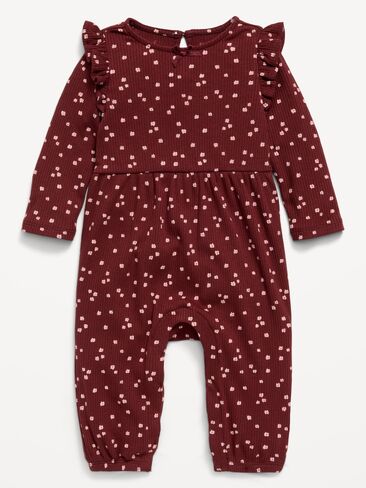 Old Navy Printed Long-Sleeve Ribbed Ruffle-Trim Jumpsuit for Baby - Burgundy Ditsy Floral in Kuwait