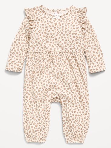 Old Navy Printed Long-Sleeve Ribbed Ruffle-Trim Jumpsuit for Baby - Leopard in Saudi Arabia