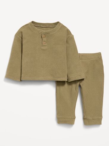 Old Navy Long-Sleeve Waffle-Knit Henley Top and Pants Set for Baby - Dried Grass in Kuwait