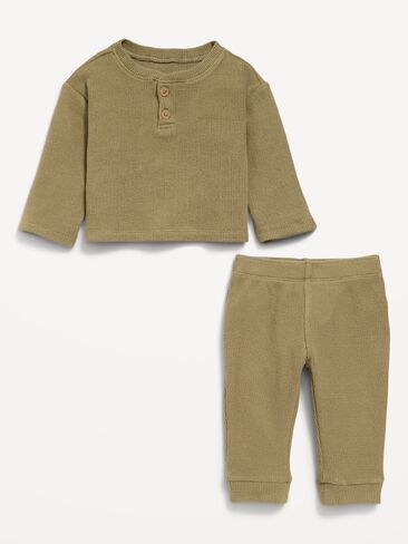 Old Navy Long-Sleeve Waffle-Knit Henley Top and Pants Set for Baby - Dried Grass in Kuwait