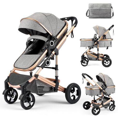 Kinder King 2 in 1 Convertible Baby Stroller, Folding High Landscape Infant Carriage, Newborn Reversible Bassinet Pram, Adjustable Canopy, Diaper Bag, Anti-Shock Toddler Pushchair Stroller, Black in Saudi Arabia