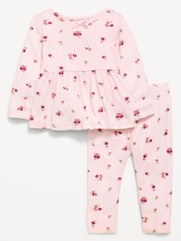 Old Navy Long-Sleeve Pointelle-Knit Top and Pants Set for Baby - Pink Floral in Kuwait