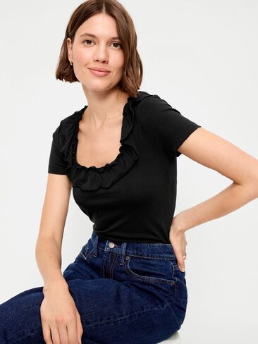 Old Navy Lettuce-Edge Scoop-Neck Top - Black Jack in Kuwait