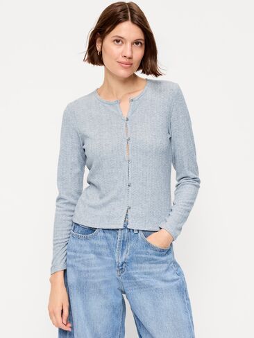 Old Navy Long-Sleeve Button-Front Pointelle Top - Medium Heather Gray in Kuwait