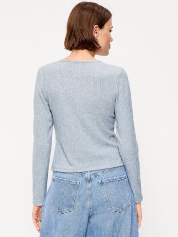 Old Navy Long-Sleeve Button-Front Pointelle Top - Medium Heather Gray in Kuwait