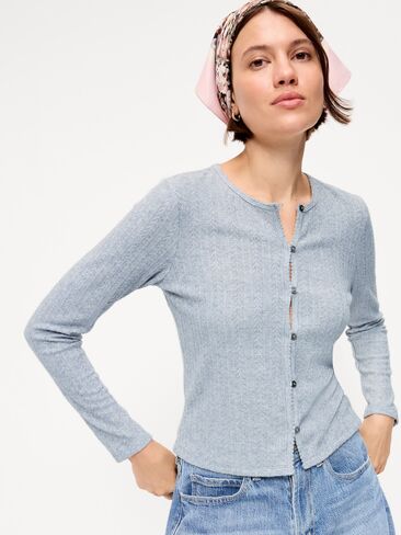 Old Navy Long-Sleeve Button-Front Pointelle Top - Medium Heather Gray in Kuwait