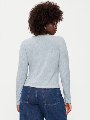 Old Navy Long-Sleeve Button-Front Pointelle Top - Medium Heather Gray in Kuwait