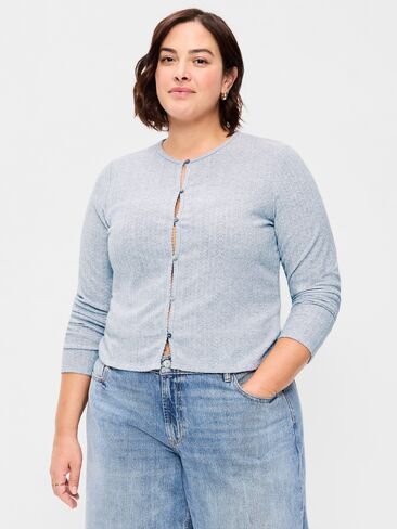 Old Navy Long-Sleeve Button-Front Pointelle Top - Medium Heather Gray in Kuwait