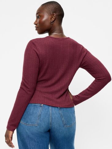 Old Navy Long-Sleeve Button-Front Pointelle Top - Red Lacquer in Kuwait