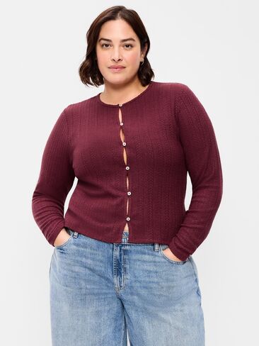 Old Navy Long-Sleeve Button-Front Pointelle Top - Red Lacquer in Kuwait