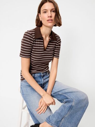 Old Navy Keyhole Polo Top - Earth Brown Stripe in Kuwait