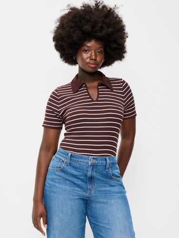 Old Navy Keyhole Polo Top - Earth Brown Stripe in Kuwait