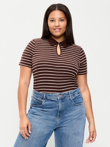Old Navy Keyhole Polo Top - Earth Brown Stripe in Kuwait