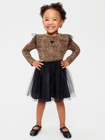 Old Navy Long-Sleeve Fit and Flare Tutu Dress for Toddler Girls - Brown Leopard in Kuwait