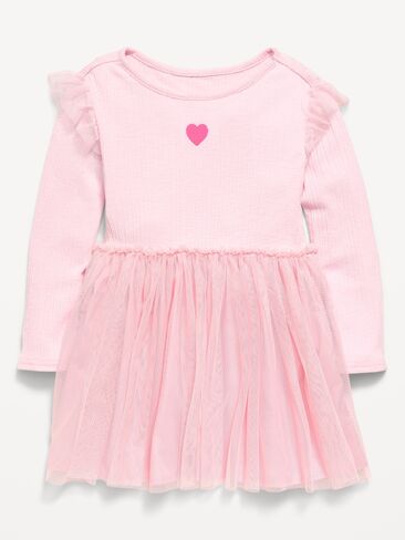 Old Navy Long-Sleeve Ribbed Fit and Flare Tutu Dress for Toddler Girls - Blush On You in Kuwait