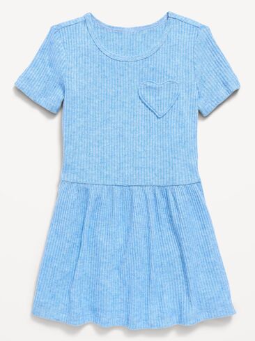 Old Navy Short-Sleeve Ribbed Heart Pocket Dress for Toddler Girls - Azure Sky in Kuwait