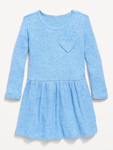 Old Navy Long-Sleeve Ribbed Heart Pocket Dress for Toddler Girls - Azure Sky in Kuwait