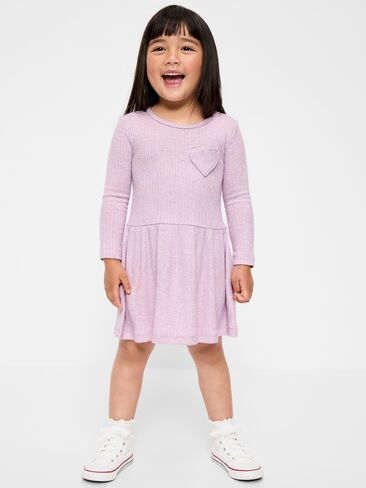 Old Navy Long-Sleeve Ribbed Heart Pocket Dress for Toddler Girls - Spring Wisteria in Kuwait