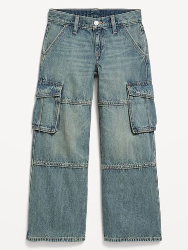 Old Navy Low-Rise Super Baggy Wide-Leg Cargo Jeans for Girls - Medium Wash in Kuwait