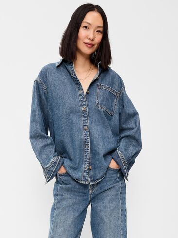 Old Navy Oversized Boyfriend Button-Down Jean Shirt - Medium Wash in Kuwait