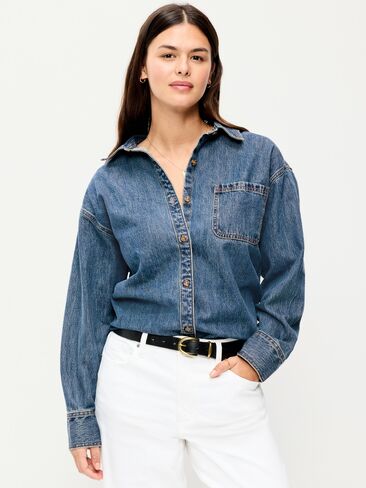 Old Navy Oversized Boyfriend Button-Down Jean Shirt - Medium Wash in Kuwait